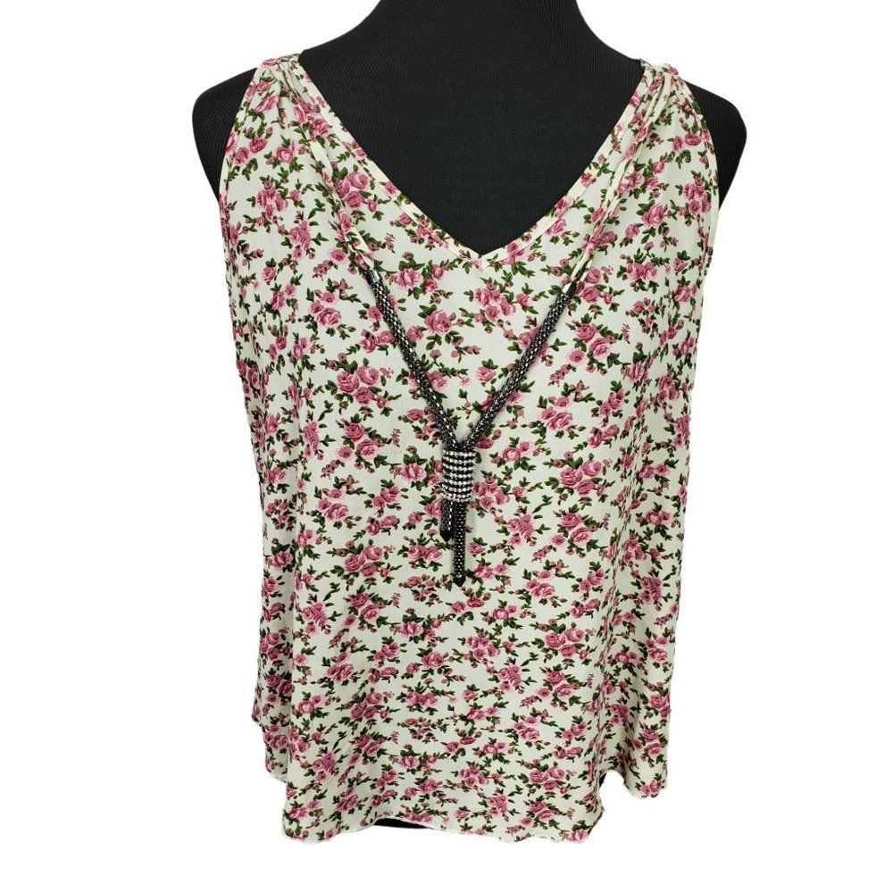 Annabelle USA Women's Cream White Pink Floral Strappy Necklace Tank Top LARGE